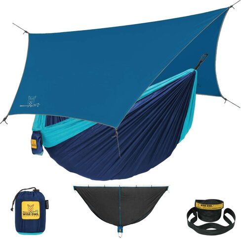 Wise Owl Outfitters Hammock Camping Double & Single with Tree Straps - USA Based Hammocks Brand Gear, Indoor Outdoor Backpacking Survival & Travel - Blue + Bug Net & Rain Tarp in Saudi Arabia