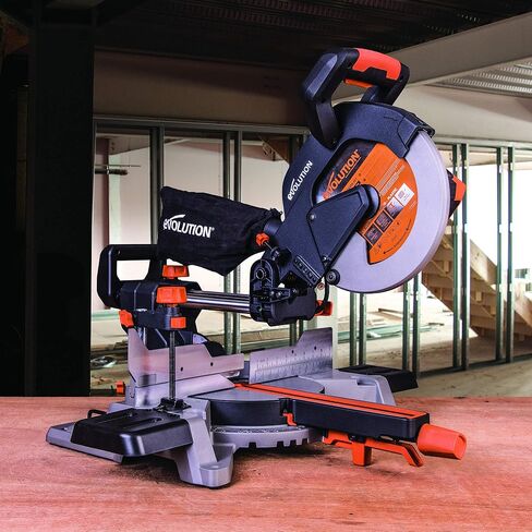 أدوات Evolution Power Tools R255SMS منشار ميتري منزلق مقاس 10 بوصة متعدد المواد، متعدد الأغراض، قطع المعادن والبلاستيك والخشب والمزيد، إمالة مائلة 0˚ - 45˚ وزوايا ميتري 50˚ - 50˚ شفرة TCT متضمنة in Kuwait