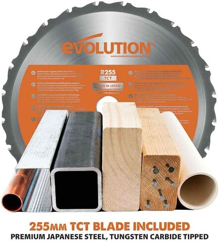 أدوات Evolution Power Tools R255SMS منشار ميتري منزلق مقاس 10 بوصة متعدد المواد، متعدد الأغراض، قطع المعادن والبلاستيك والخشب والمزيد، إمالة مائلة 0˚ - 45˚ وزوايا ميتري 50˚ - 50˚ شفرة TCT متضمنة in Kuwait