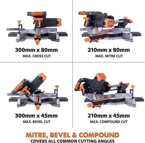 أدوات Evolution Power Tools R255SMS منشار ميتري منزلق مقاس 10 بوصة متعدد المواد، متعدد الأغراض، قطع المعادن والبلاستيك والخشب والمزيد، إمالة مائلة 0˚ - 45˚ وزوايا ميتري 50˚ - 50˚ شفرة TCT متضمنة in Kuwait
