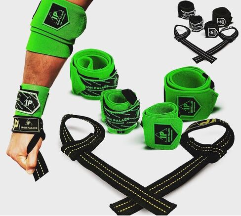 IRON PALACE Knee Wraps + Wrist Wraps + Weight Lifting Straps Bundle (3 Pairs) for Weightlifting Bodybuilding in Saudi Arabia