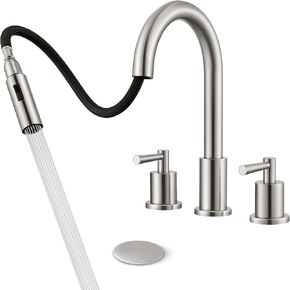 صنبور حوض الحمام مع بخاخ سحب للأسفل بمقبضين، صنبور حمام من النيكل المصقول 3 فتحات، صنبور حوض 4 بوصة مع صنبور دوار 360 درجة، مجموعة تصريف منبثقة متضمنة in Kuwait