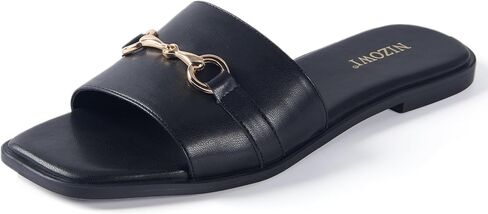 Women's Flat Sandals Dressy Slides | Elegant, Square Toe, Slip On, Soft Comfortable Leather, Memory Foam Padd Insole, Summer Slide Sandals for 2026 Summer Beach in Saudi Arabia