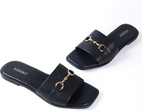 Women's Flat Sandals Dressy Slides | Elegant, Square Toe, Slip On, Soft Comfortable Leather, Memory Foam Padd Insole, Summer Slide Sandals for 2026 Summer Beach in Saudi Arabia