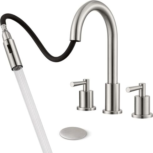 صنبور حوض الحمام مع بخاخ سحب للأسفل بمقبضين، صنبور حمام من النيكل المصقول 3 فتحات، صنبور حوض 4 بوصة مع صنبور دوار 360 درجة، مجموعة تصريف منبثقة متضمنة in Kuwait