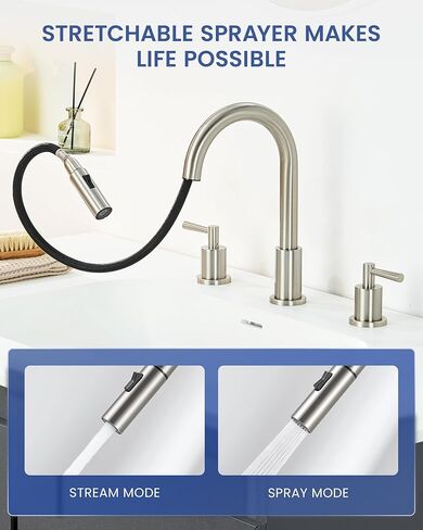 صنبور حوض الحمام مع بخاخ سحب للأسفل بمقبضين، صنبور حمام من النيكل المصقول 3 فتحات، صنبور حوض 4 بوصة مع صنبور دوار 360 درجة، مجموعة تصريف منبثقة متضمنة in Kuwait