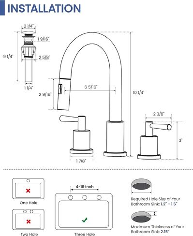 صنبور حوض الحمام مع بخاخ سحب للأسفل بمقبضين، صنبور حمام من النيكل المصقول 3 فتحات، صنبور حوض 4 بوصة مع صنبور دوار 360 درجة، مجموعة تصريف منبثقة متضمنة in Kuwait