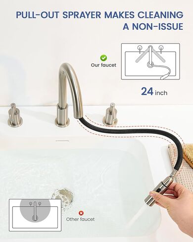 صنبور حوض الحمام مع بخاخ سحب للأسفل بمقبضين، صنبور حمام من النيكل المصقول 3 فتحات، صنبور حوض 4 بوصة مع صنبور دوار 360 درجة، مجموعة تصريف منبثقة متضمنة in Kuwait