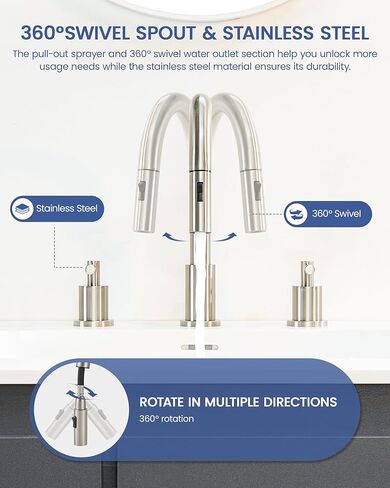 صنبور حوض الحمام مع بخاخ سحب للأسفل بمقبضين، صنبور حمام من النيكل المصقول 3 فتحات، صنبور حوض 4 بوصة مع صنبور دوار 360 درجة، مجموعة تصريف منبثقة متضمنة in Kuwait