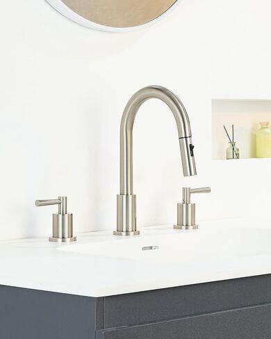 صنبور حوض الحمام مع بخاخ سحب للأسفل بمقبضين، صنبور حمام من النيكل المصقول 3 فتحات، صنبور حوض 4 بوصة مع صنبور دوار 360 درجة، مجموعة تصريف منبثقة متضمنة in Kuwait