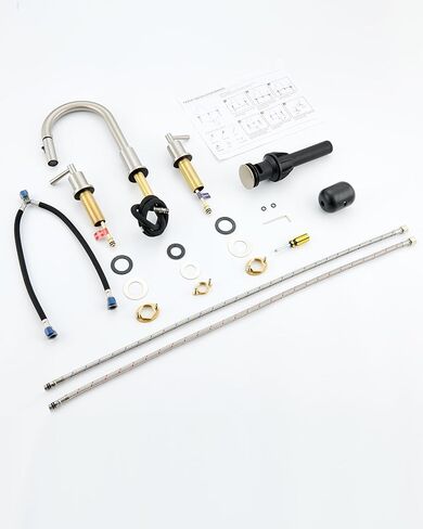 صنبور حوض الحمام مع بخاخ سحب للأسفل بمقبضين، صنبور حمام من النيكل المصقول 3 فتحات، صنبور حوض 4 بوصة مع صنبور دوار 360 درجة، مجموعة تصريف منبثقة متضمنة in Kuwait