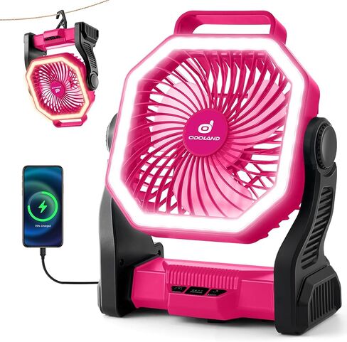 Odoland Rechargeable Camping Fan with LED Lantern, 20000mAh Battery Operated Portable Outdoor Tent Fan Light with 360° Rotation Hook for Picnic Power Outage Hurricane Emergency Home Patio, Black in Saudi Arabia