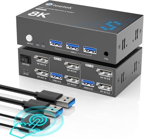 8K HDMI KVM Switch 2 Monitors 2 Computers, 8K@60Hz Dual KVM Switch for 2 Computers Sharing 2 Monitors, Keyboard, Mouse, Hard Drives, Printer, with EDID Adaptive, 2*USB Cables, and Controller. in Saudi Arabia