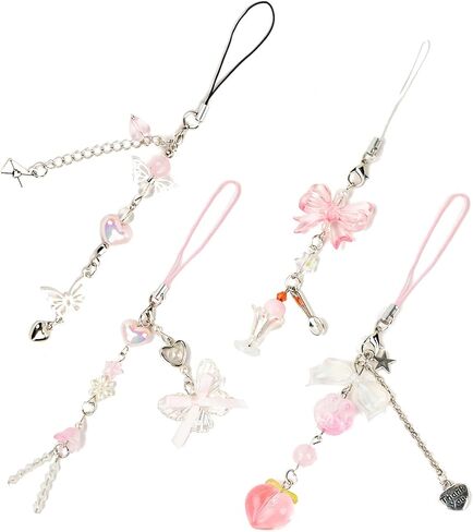 4PCS Black-phone Charm Y2K Phone Accessories Aesthetic Keychain Star Flower Cute Decor String Cellphone Chain Pendant Strap Lanyard Butterfly Crystal Ribbon Bead Gothic Young in Kuwait
