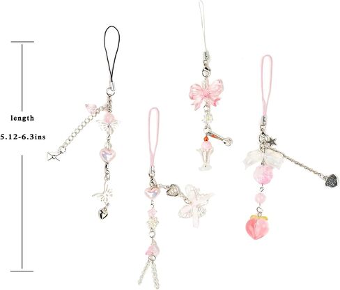 4PCS Black-phone Charm Y2K Phone Accessories Aesthetic Keychain Star Flower Cute Decor String Cellphone Chain Pendant Strap Lanyard Butterfly Crystal Ribbon Bead Gothic Young in Kuwait