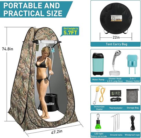 Portable Hot Shower for Camping, 1000W Immersion Heated, Rechargeable Camping Shower Pump, 6.6 Gallons Folding Bucket for Camping, Hiking, Traveling, Washing in Kuwait