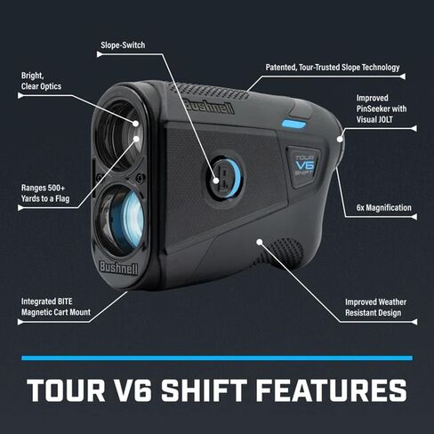 جهاز تحديد المدى بالليزر من Bushnell Tour V6 Shift مع كرات نائب | تعويض المنحدر، PinSeeker، التركيب المغناطيسي، نطاق 1300 ياردة، تكبير 6X | منشفة الجولف من سلسلة Signature in Kuwait