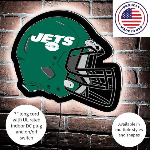 Team Sports America Evergreen NFL New York Jets Ultra-Thin LED Light Wall Sign Decor | Full Size Replica Helmet | 19.5 x 15 Inches | Made in the USA in Saudi Arabia
