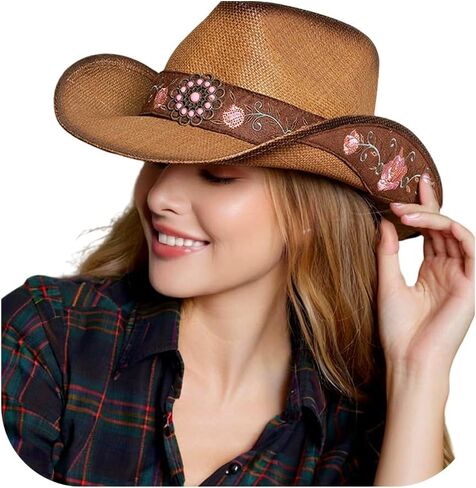 قبعات رعاة البقر للنساء قبعات رعاة البقر السوداء الكلاسيكية منسوجة القش المطرزة القبعات الغربية للنساء شاطئ مهرجان الموسيقى in Kuwait