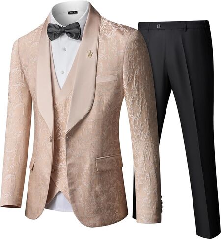 MY'S Men's Floral Suit, 3 Piece Slim Fit Paisley Tuxedo, Jacket Pants Vest with Bow Tie for Wedding Prom Dinner in Kuwait