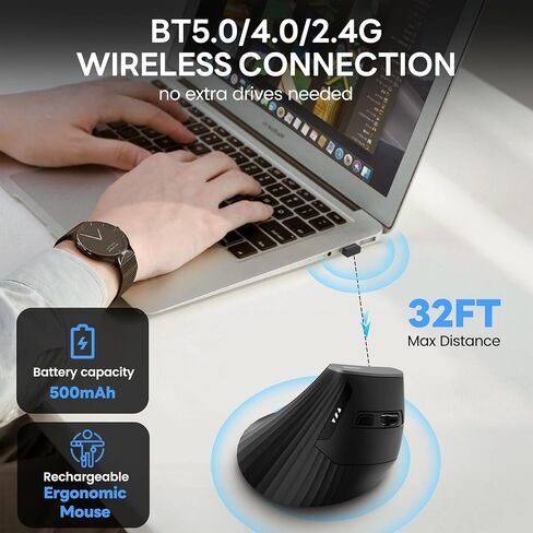 الماوس العمودي اللاسلكي ، الماوس بلوتوث مع BT5.0/4.0/2.4G ، قابل لإعادة الشحن مع مؤشر البطارية ، تصميم مريح للراحة وسلالة المعصم المخفضة ، مثالية للمنزل ، والمكتب ، الأسود in Kuwait