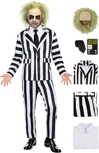 IBQ Black and White Striped Suit Adult Halloween Costumes Men Scary 80s Horror Movie Character Cosplay Outfit with Wig Shirt in Kuwait