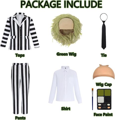 IBQ Black and White Striped Suit Adult Halloween Costumes Men Scary 80s Horror Movie Character Cosplay Outfit with Wig Shirt in Kuwait