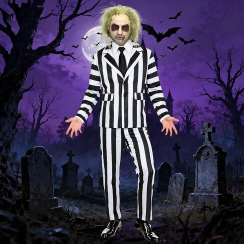 IBQ Black and White Striped Suit Adult Halloween Costumes Men Scary 80s Horror Movie Character Cosplay Outfit with Wig Shirt in Kuwait