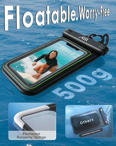 【2025 Upgraded】2 Pack Black - IP68 Waterproof Phone Pouch Floating Design No Sink Waterproof Phone Case - Beach Pool Travel Essentials - Works w/ All Phones - Detachable Lanyard - Black/Hi-Vis Green in Saudi Arabia