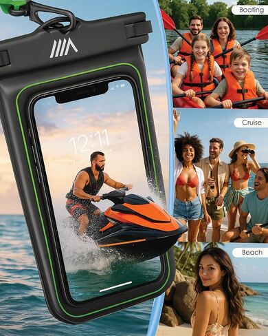 【2025 Upgraded】2 Pack Black - IP68 Waterproof Phone Pouch Floating Design No Sink Waterproof Phone Case - Beach Pool Travel Essentials - Works w/ All Phones - Detachable Lanyard - Black/Hi-Vis Green in Saudi Arabia
