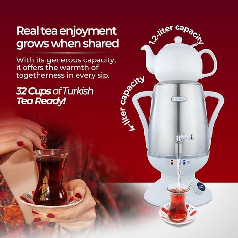 Ethniq Electric Samovar - 4L Stainless Steel Electric Tea Maker, Adjustable Temperature Display, Large Ceramic Teapot, Boil Dry & Auto Shut Off, Best for Persian, Russian, and Turkish Tea in Kuwait