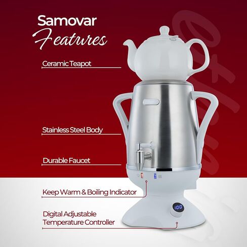 Ethniq Electric Samovar - 4L Stainless Steel Electric Tea Maker, Adjustable Temperature Display, Large Ceramic Teapot, Boil Dry & Auto Shut Off, Best for Persian, Russian, and Turkish Tea in Kuwait