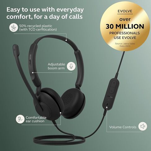 Jabra Evolve 10 Wired Headset with Noise-Cancelling Microphone for PC/Laptop Use, Easy USB-A Setup, TCO Certified, Lightweight Design, Inline Call/Volume Controls for Online Meetings, Black in Saudi Arabia