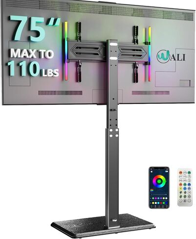 Wali Floor TV حامل مع منفذ كهربائي ، وقفص تلفزيوني طويل القامة لأجهزة تلفزيون من 32-75 بوصة يصل إلى 110 رطلاً ، وقوائم تلفزيونية قابلة للتعديل مع قاعدة خشبية لغرفة النوم ، المكتب (TVDVD-7PW) ، وايت in Kuwait