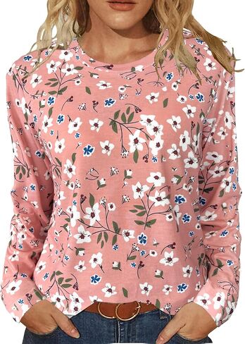 JomeDesign Womens Tops Long Sleeve Shirts Round Neck Loose Casual Blouses Floral Print Tshirts in Kuwait
