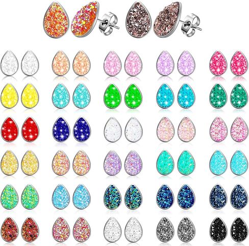 32 Pairs Faux Druzy Stud Earrings Stainless Steel Druzy Stud Earrings Glitter Pierced Earrings for Women (Round Shape) in Kuwait