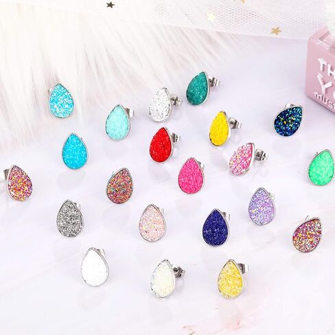32 Pairs Faux Druzy Stud Earrings Stainless Steel Druzy Stud Earrings Glitter Pierced Earrings for Women (Round Shape) in Kuwait