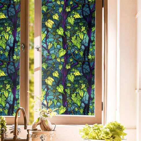 Purple Blue Orange Flower Butterfly Stained Glass Window Films Decorative Double-Side Privacy Film Self-Adhesive Static Glass Window Clings for Living Room Bathroom Glass Windows Decor in Kuwait