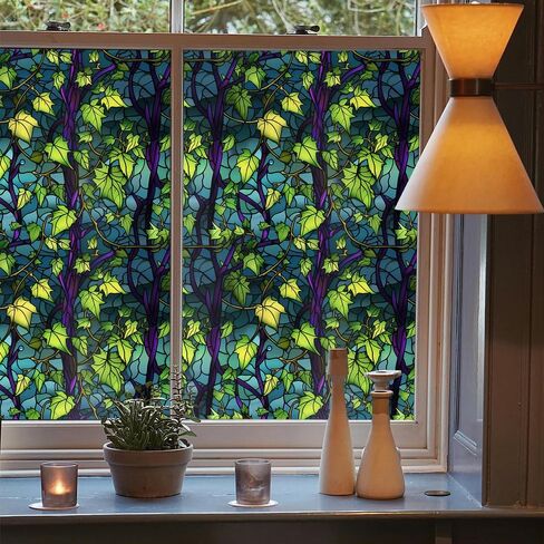 Purple Blue Orange Flower Butterfly Stained Glass Window Films Decorative Double-Side Privacy Film Self-Adhesive Static Glass Window Clings for Living Room Bathroom Glass Windows Decor in Kuwait