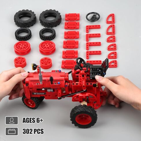 Classic 1/12 Red Tractor Building Blocks Set,Farm Tractor Building Kit Toy for Kids Ages 6+,STEM Educational Construction Kit for Kids 302 PCS with Shifting & Steering & Flip Hood Structure in Saudi Arabia