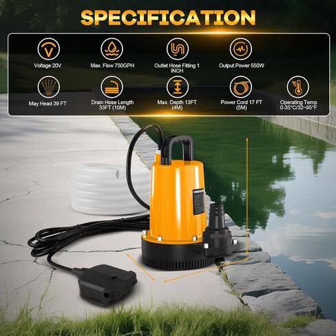 Pool Cover Pump for Dewalt 20V Max Battery (No Battery), 750GPH Submersible Sump Pump with Check Valve Adapter & 17ft Power Cord, 33ft Outlet Pipe, Water Removal for Pool, Hot Tubs, Rooftops in Saudi Arabia
