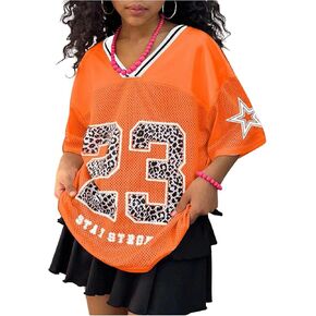 Floerns Girl's Jersey Shirt Printed Oversized Short Sleeve Mesh Tee Shirts V Neck Sport Jersey Shirts in Saudi Arabia