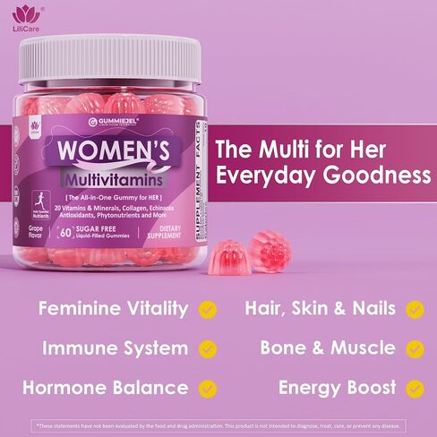Womens Multivitamin Gummy (Made in USA) With Iron Biotin 2500mcg, Collagen, Daily Vitamins A C D Folate, B Complex, Methylated Multivitamin for Women Support Energy, Beauty, Immune, Sugar Free, 60 Cts in Saudi Arabia