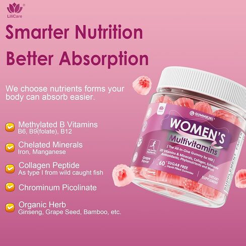 Womens Multivitamin Gummy (Made in USA) With Iron Biotin 2500mcg, Collagen, Daily Vitamins A C D Folate, B Complex, Methylated Multivitamin for Women Support Energy, Beauty, Immune, Sugar Free, 60 Cts in Saudi Arabia