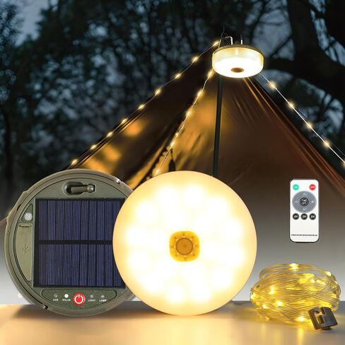 Solar Camping String Lights, 39.4FT Portable Waterproof Camping Light with 8 Lighting Modes, Solar Powered and USB Rechargeable Tent Lantern with Remote Control for Camping, Yard, Garden and Hiking in Saudi Arabia