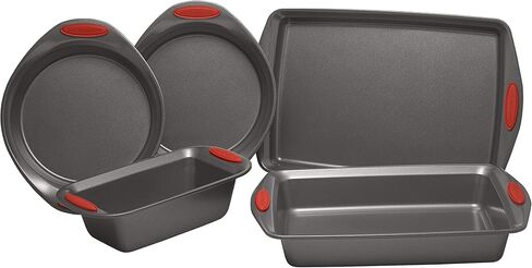 Rachael Ray 55673 Nonstick Bakeware Set with Grips includes Nonstick Bread Pan, Baking Pans and Cake Pans - 5 Piece, Gray with Orange Grips in Kuwait