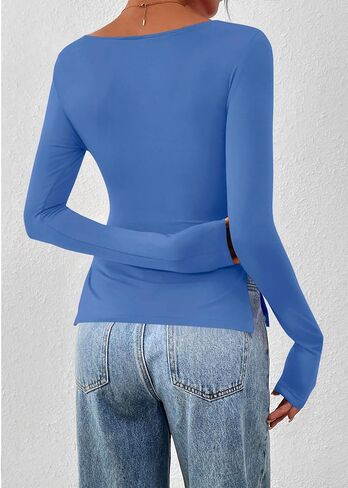 KIRUNDO Long Sleeve Shirts for Women 2025 Casual Fall Fashion Ruched Knit Workout Tops Boat Neck Fitted Side Slit Basic Tees in Saudi Arabia