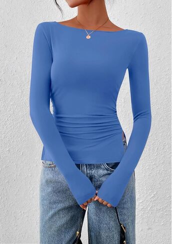 KIRUNDO Long Sleeve Shirts for Women 2025 Casual Fall Fashion Ruched Knit Workout Tops Boat Neck Fitted Side Slit Basic Tees in Saudi Arabia