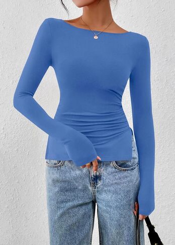 KIRUNDO Long Sleeve Shirts for Women 2025 Casual Fall Fashion Ruched Knit Workout Tops Boat Neck Fitted Side Slit Basic Tees in Saudi Arabia