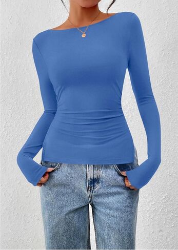 KIRUNDO Long Sleeve Shirts for Women 2025 Casual Fall Fashion Ruched Knit Workout Tops Boat Neck Fitted Side Slit Basic Tees in Saudi Arabia
